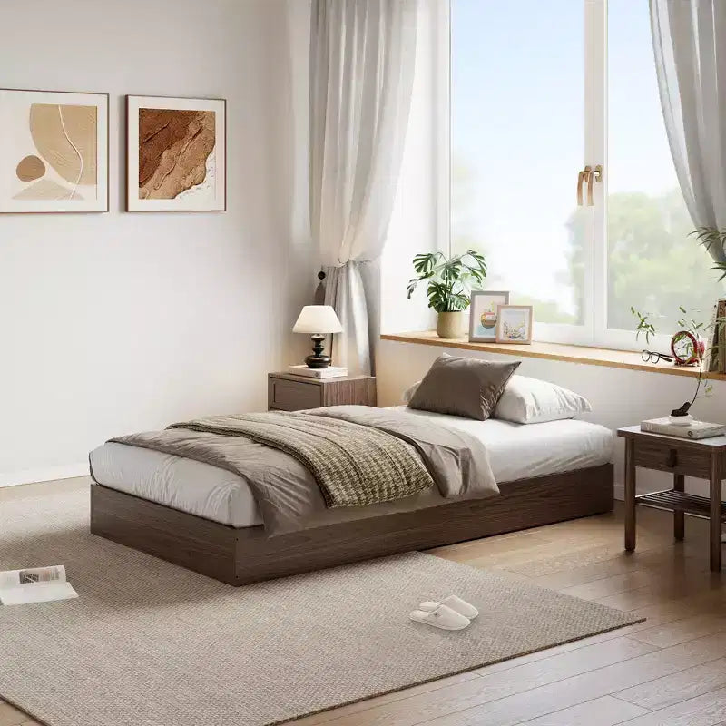 Twin Size Wooden platform bed, solid wooden slats, floor-standing bed frame, modern minimalist design, space-saving, no box spring required