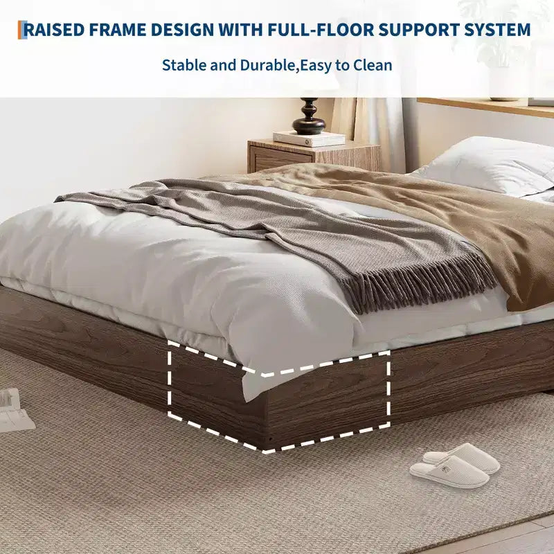 Twin Size Wooden platform bed, solid wooden slats, floor-standing bed frame, modern minimalist design, space-saving, no box spring required