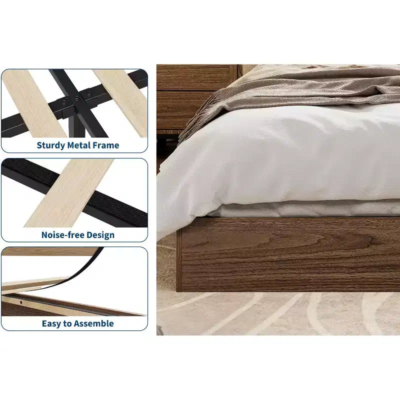 Twin Size Wooden platform bed, solid wooden slats, floor-standing bed frame, modern minimalist design, space-saving, no box spring required