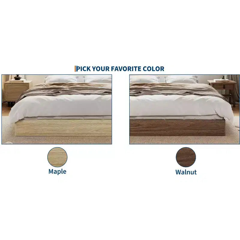 Twin Size Wooden platform bed, solid wooden slats, floor-standing bed frame, modern minimalist design, space-saving, no box spring required