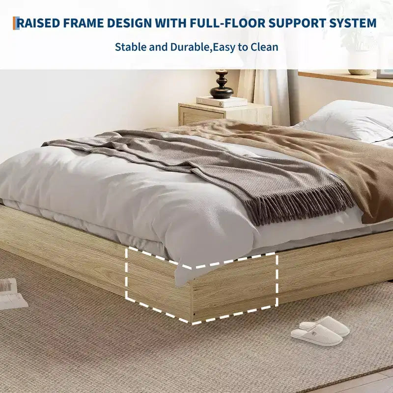 Twin Size Wooden platform bed, solid wooden slats, floor-standing bed frame, modern minimalist design, space-saving, no box spring required