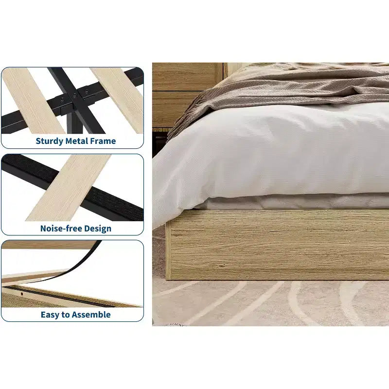 Twin Size Wooden platform bed, solid wooden slats, floor-standing bed frame, modern minimalist design, space-saving, no box spring required