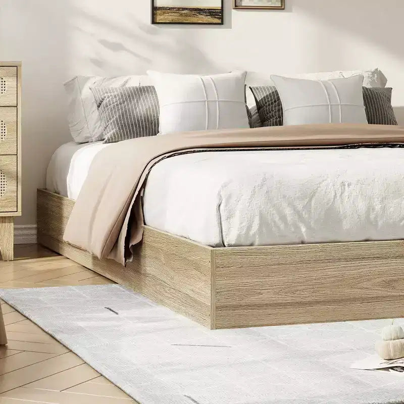 Twin Size Wooden platform bed, solid wooden slats, floor-standing bed frame, modern minimalist design, space-saving, no box spring required