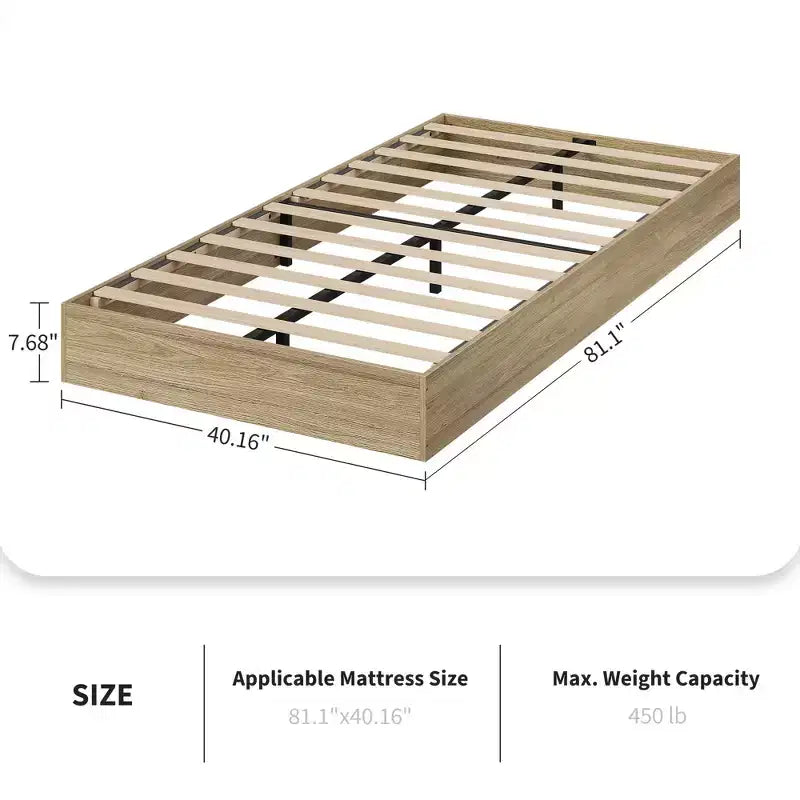 Twin Size Wooden platform bed, solid wooden slats, floor-standing bed frame, modern minimalist design, space-saving, no box spring required