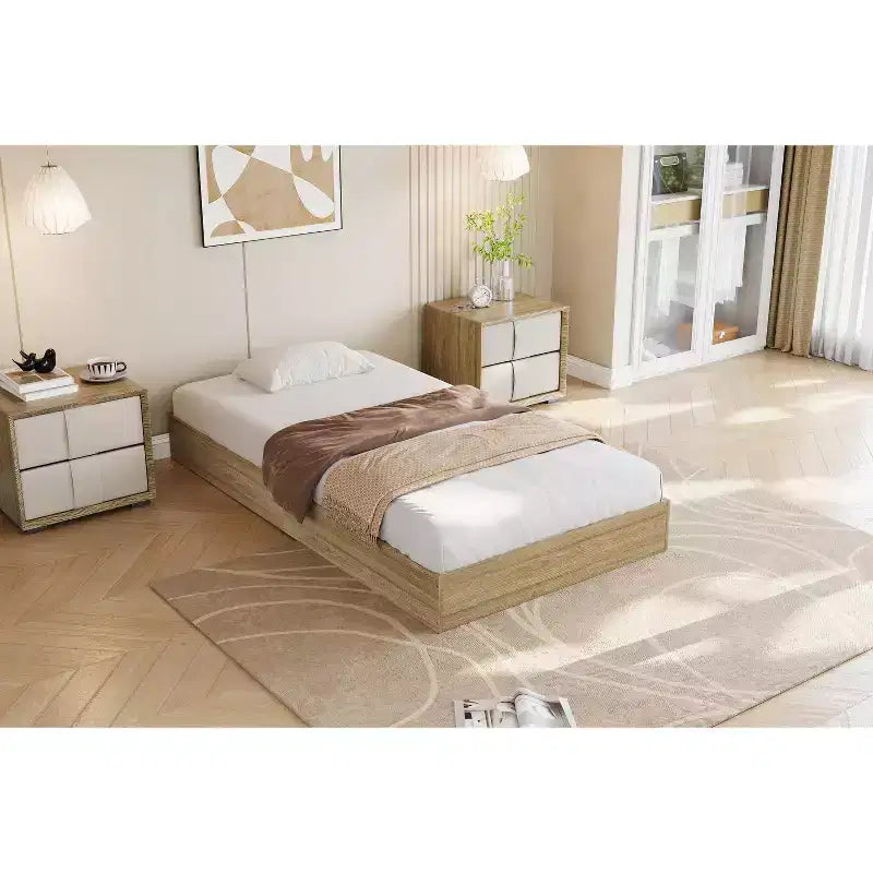 Twin Size Wooden platform bed, solid wooden slats, floor-standing bed frame, modern minimalist design, space-saving, no box spring required