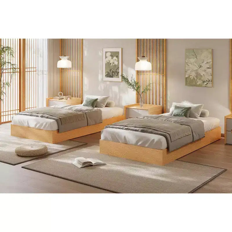Twin Size Wooden platform bed, solid wooden slats, floor-standing bed frame, modern minimalist design, space-saving, no box spring required