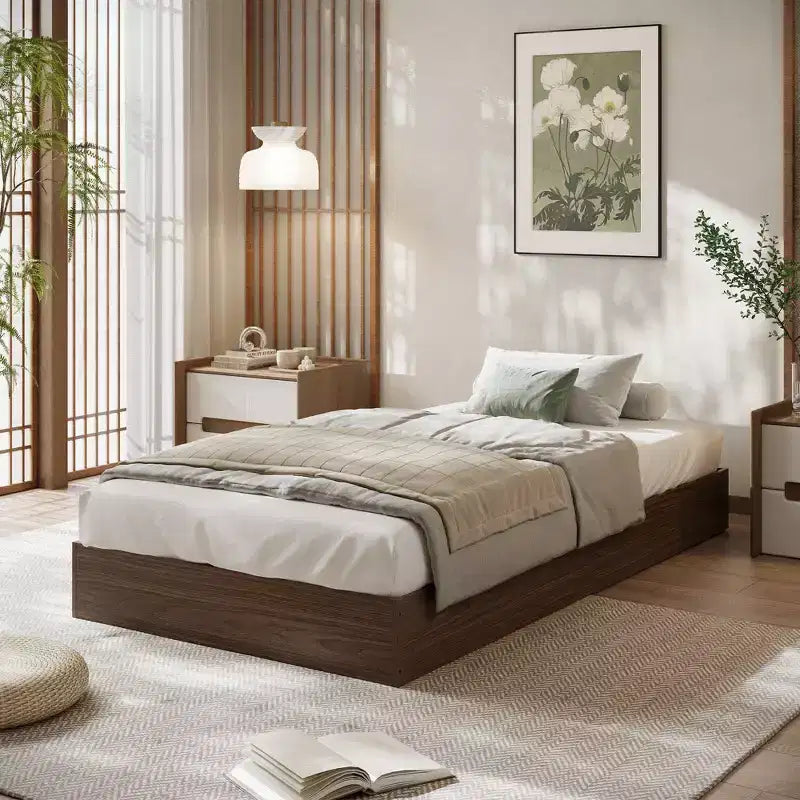 Twin Size Wooden platform bed, solid wooden slats, floor-standing bed frame, modern minimalist design, space-saving, no box spring required