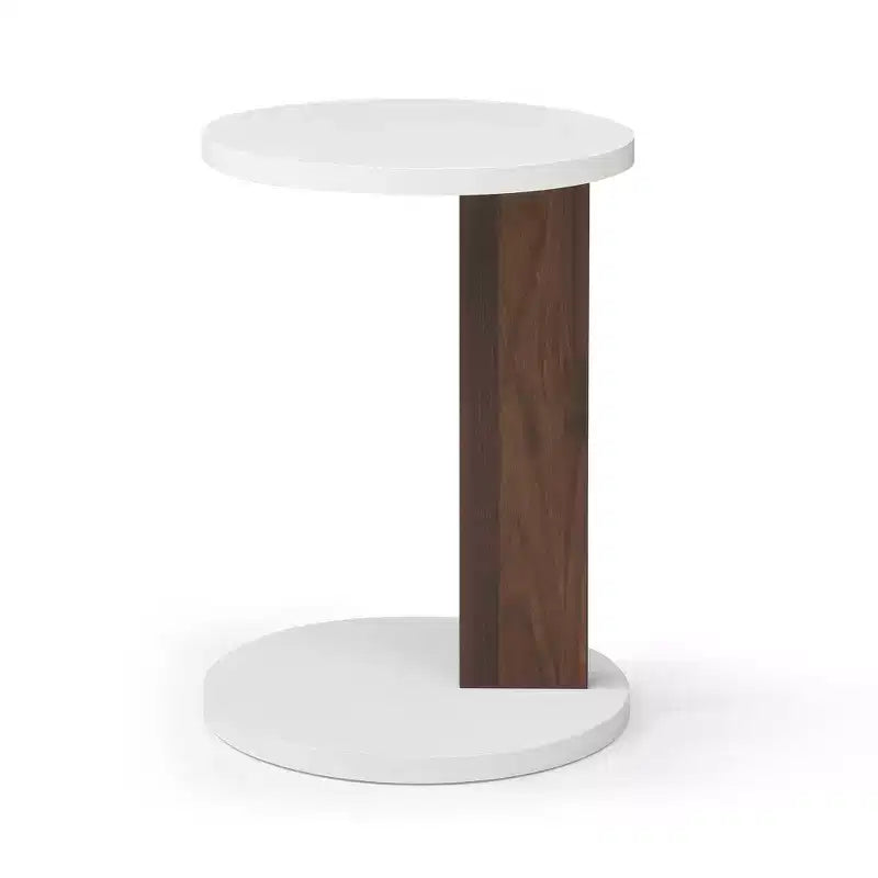 Okak Minimalism C-Shaped End Table with Round Tabletop, Side Table with Unique Design, Couch Table for Living Room, Bedroom, Sofa Side, White+Walnut