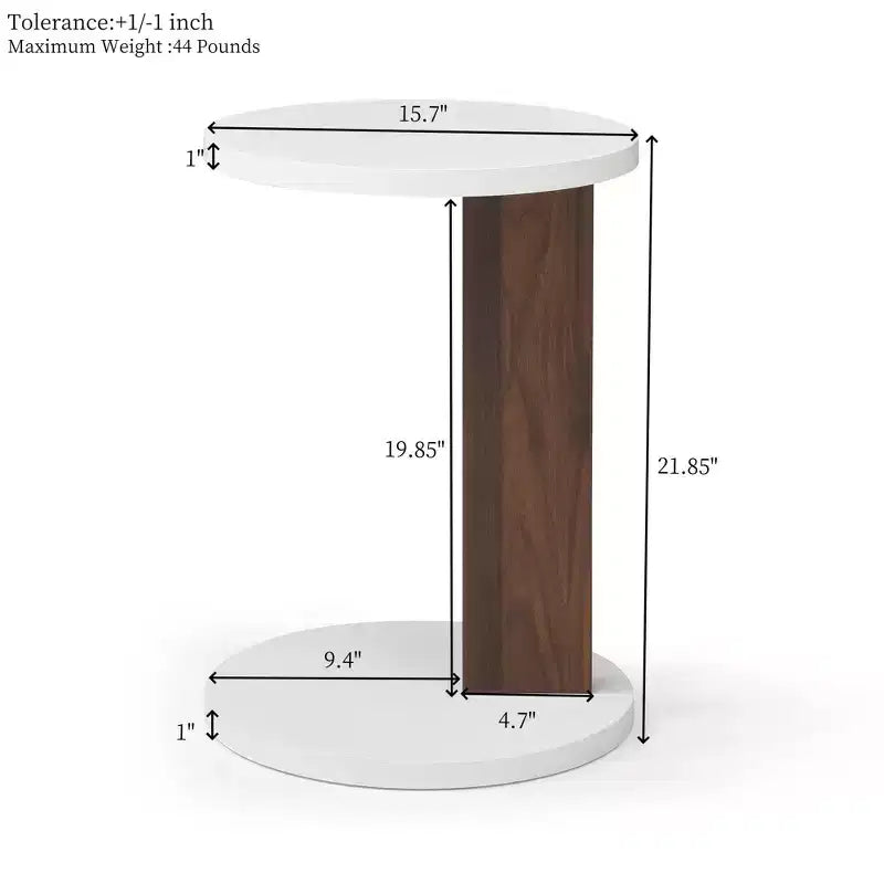 Okak Minimalism C-Shaped End Table with Round Tabletop, Side Table with Unique Design, Couch Table for Living Room, Bedroom, Sofa Side, White+Walnut