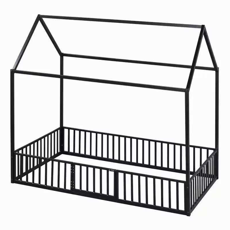 Metal Montessori Bed with Door and Fence Rails, House Floor Bed Frame for Kids and Toddlers