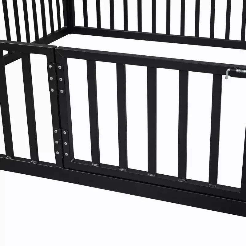 Metal Montessori Bed with Door and Fence Rails, House Floor Bed Frame for Kids and Toddlers