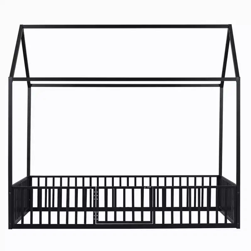 Metal Montessori Bed with Door and Fence Rails, House Floor Bed Frame for Kids and Toddlers