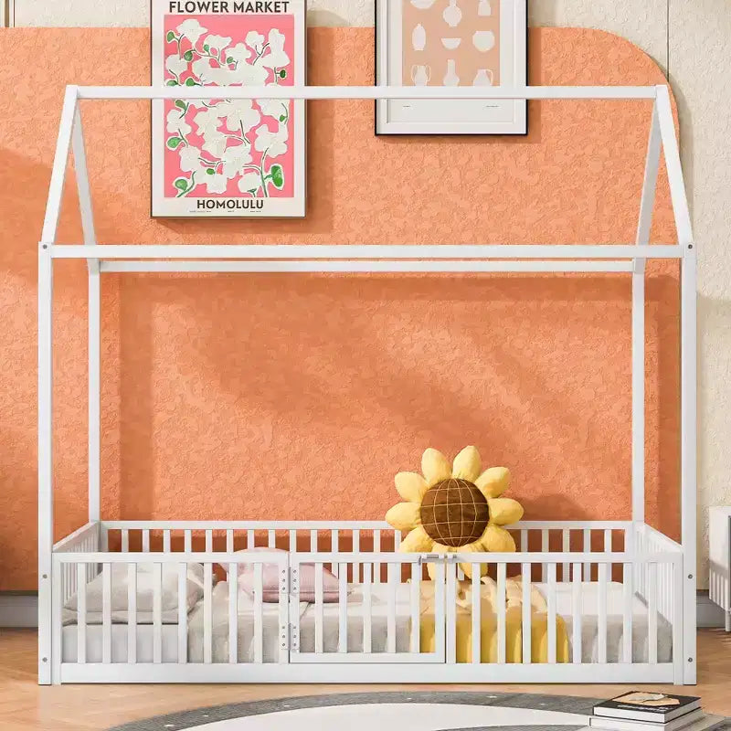 Metal Montessori Bed with Door and Fence Rails, House Floor Bed Frame for Kids and Toddlers