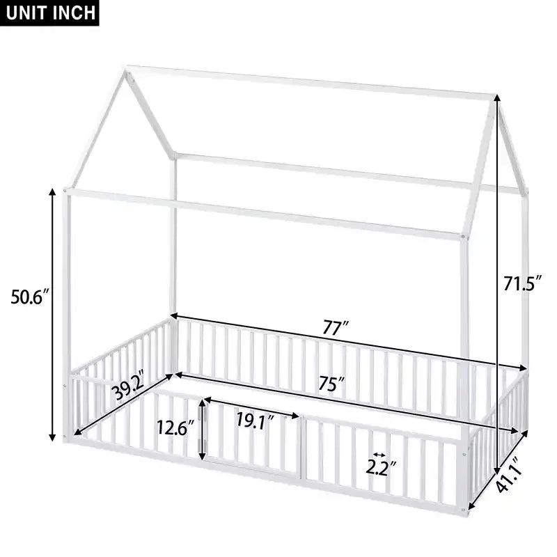 Metal Montessori Bed with Door and Fence Rails, House Floor Bed Frame for Kids and Toddlers