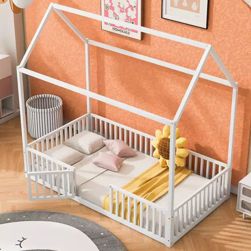 Metal Montessori Bed with Door and Fence Rails, House Floor Bed Frame for Kids and Toddlers