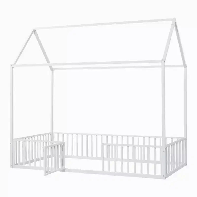 Metal Montessori Bed with Door and Fence Rails, House Floor Bed Frame for Kids and Toddlers