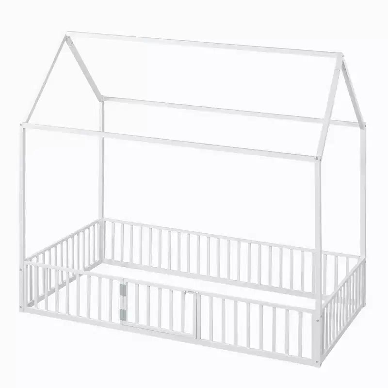 Metal Montessori Bed with Door and Fence Rails, House Floor Bed Frame for Kids and Toddlers