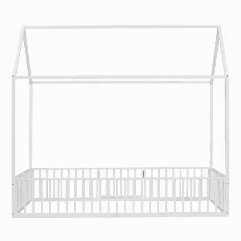 Metal Montessori Bed with Door and Fence Rails, House Floor Bed Frame for Kids and Toddlers