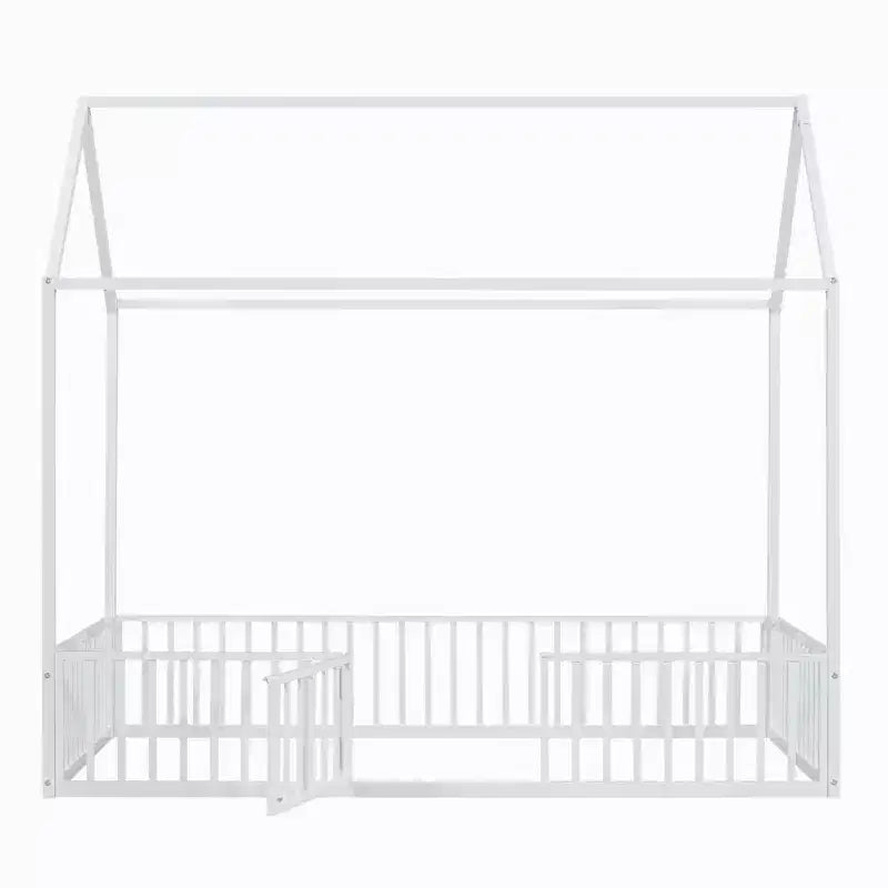 Metal Montessori Bed with Door and Fence Rails, House Floor Bed Frame for Kids and Toddlers