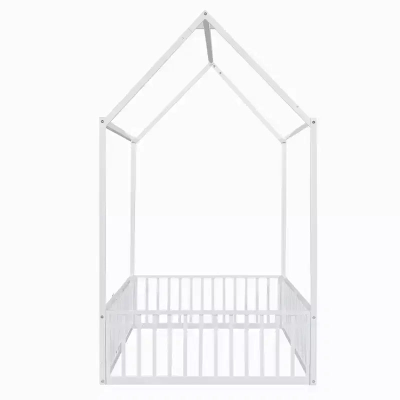 Metal Montessori Bed with Door and Fence Rails, House Floor Bed Frame for Kids and Toddlers
