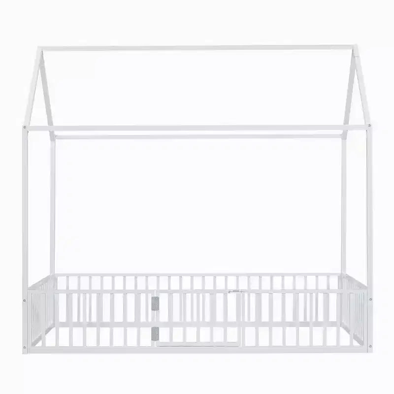 Metal Montessori Bed with Door and Fence Rails, House Floor Bed Frame for Kids and Toddlers