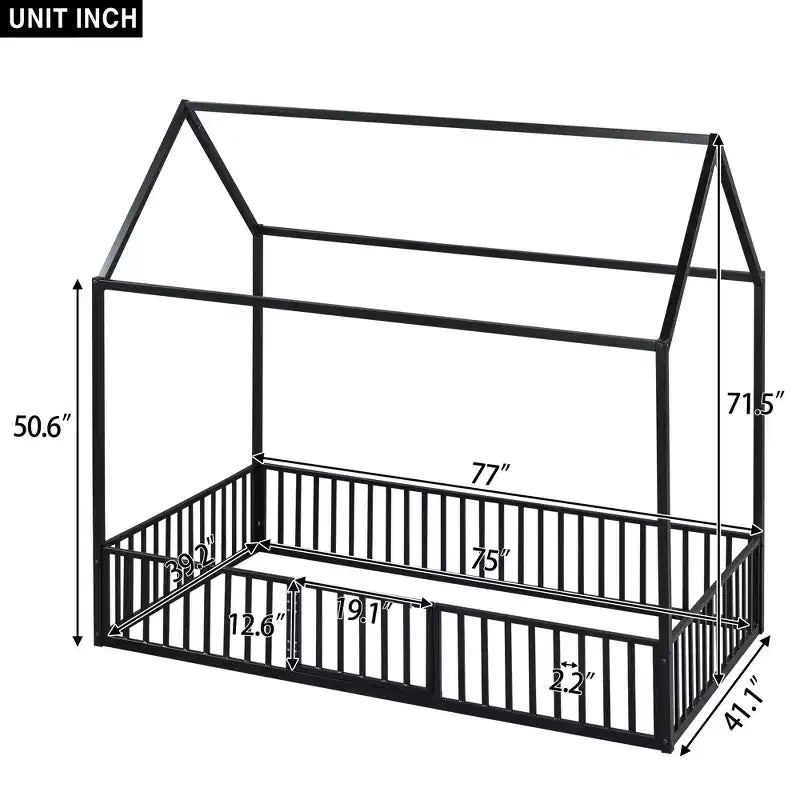 Metal Montessori Bed with Door and Fence Rails, House Floor Bed Frame for Kids and Toddlers