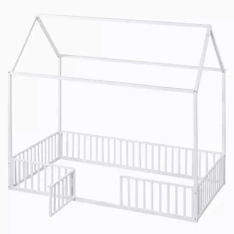 Metal Montessori Bed with Door and Fence Rails, House Floor Bed Frame for Kids and Toddlers