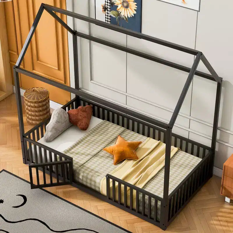 Metal Montessori Bed with Door and Fence Rails, House Floor Bed Frame for Kids and Toddlers