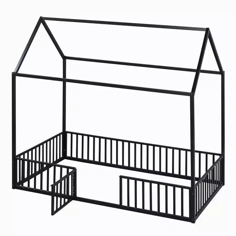 Metal Montessori Bed with Door and Fence Rails, House Floor Bed Frame for Kids and Toddlers