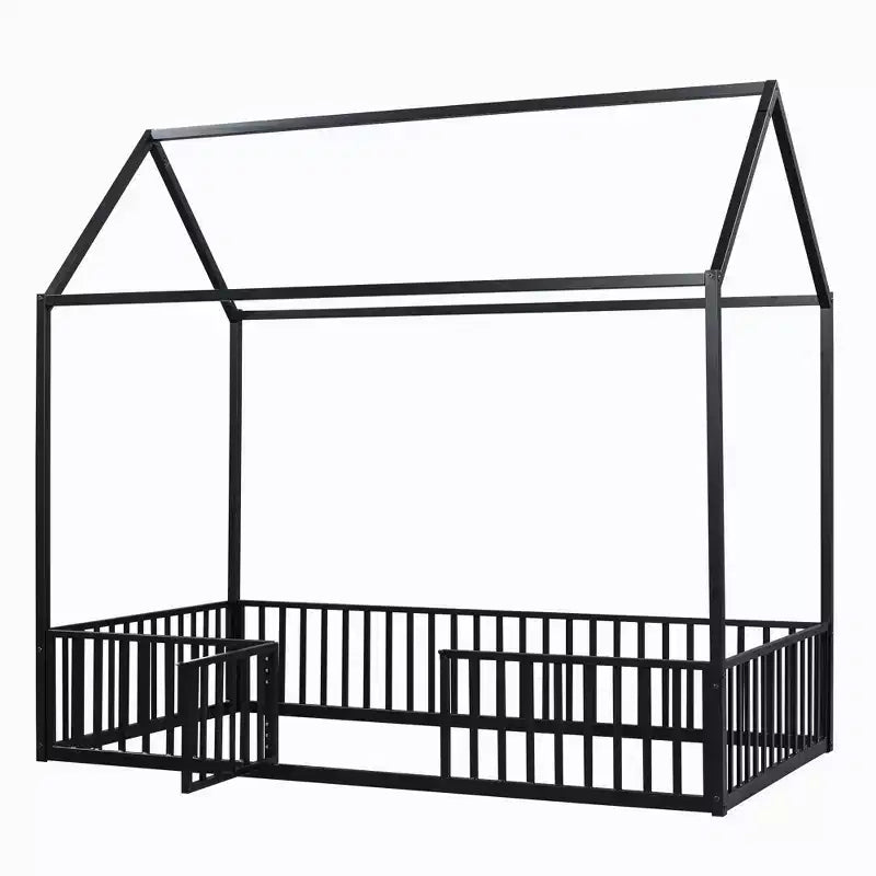 Metal Montessori Bed with Door and Fence Rails, House Floor Bed Frame for Kids and Toddlers