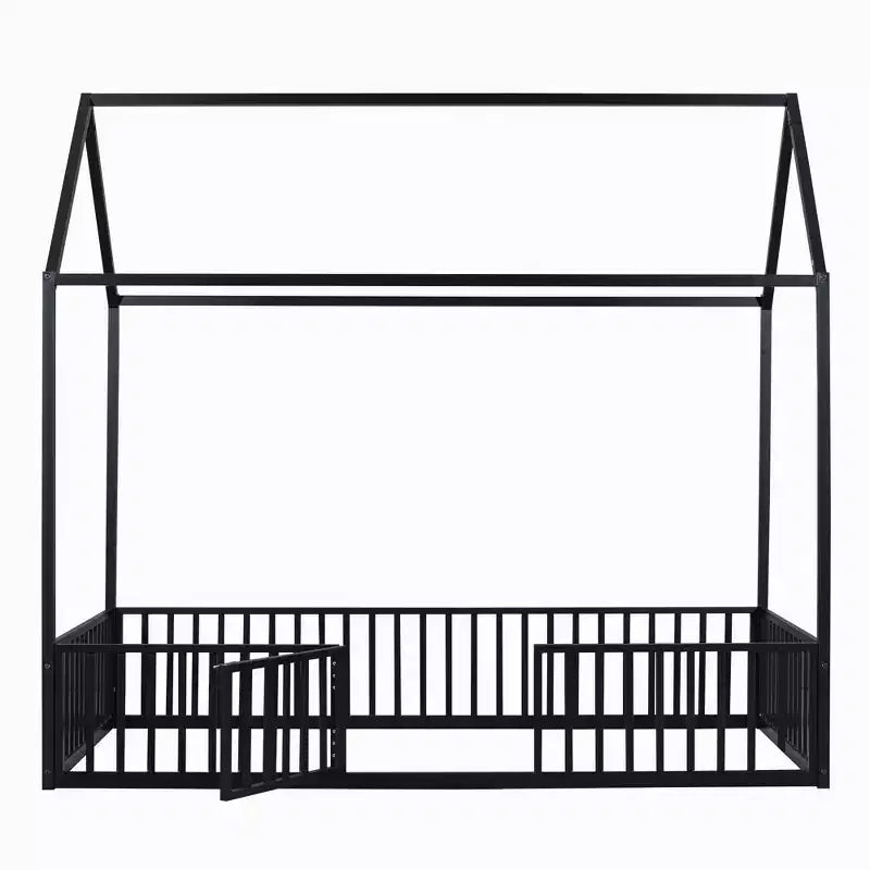 Metal Montessori Bed with Door and Fence Rails, House Floor Bed Frame for Kids and Toddlers