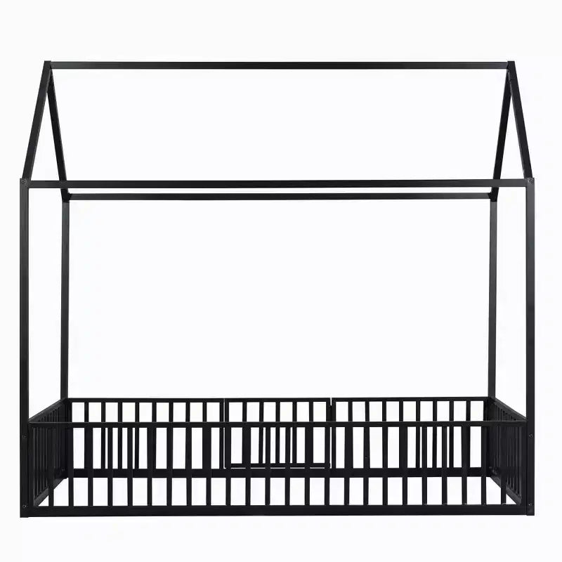 Metal Montessori Bed with Door and Fence Rails, House Floor Bed Frame for Kids and Toddlers