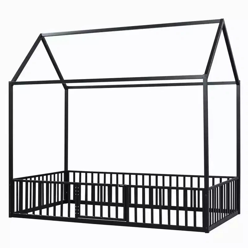 Metal Montessori Bed with Door and Fence Rails, House Floor Bed Frame for Kids and Toddlers