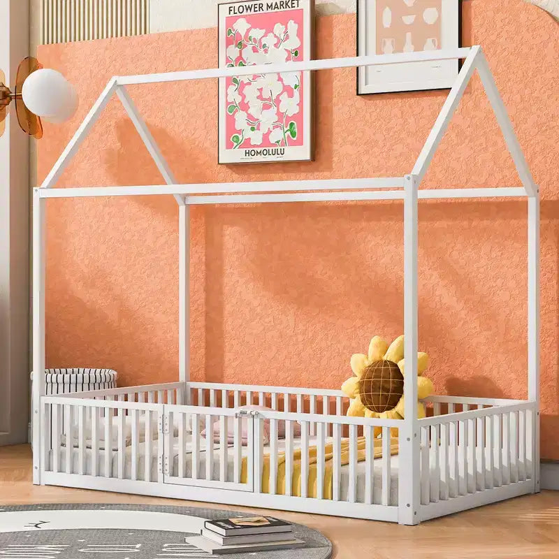 Metal Montessori Bed with Door and Fence Rails, House Floor Bed Frame for Kids and Toddlers