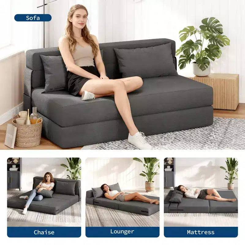 80 Convertible Folding Sofa Bed, Portable Lazy Floor Sofa Lounger, Convertible Futon Couch with Pillow, Modern Linen Fabric, for Living Room(Large)