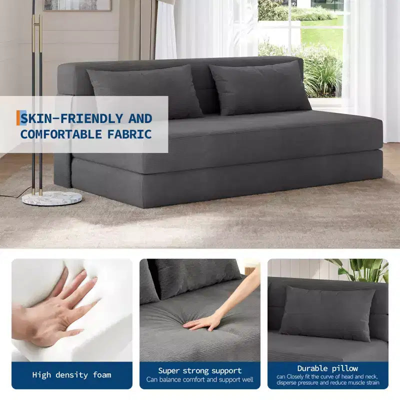 80 Convertible Folding Sofa Bed, Portable Lazy Floor Sofa Lounger, Convertible Futon Couch with Pillow, Modern Linen Fabric, for Living Room(Large)