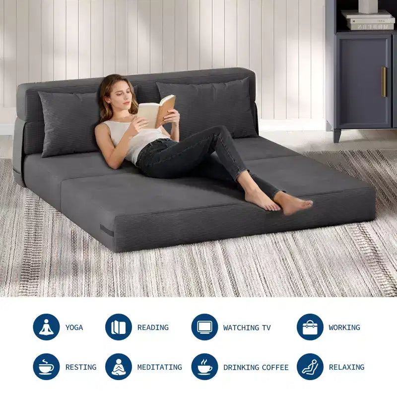 80 Convertible Folding Sofa Bed, Portable Lazy Floor Sofa Lounger, Convertible Futon Couch with Pillow, Modern Linen Fabric, for Living Room(Large)