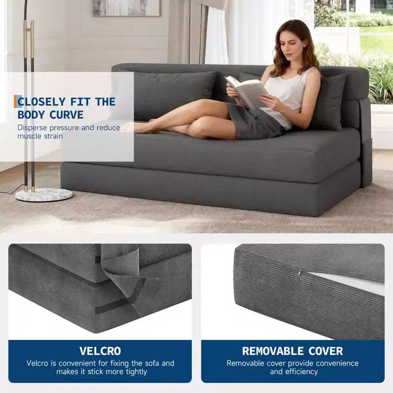 80 Convertible Folding Sofa Bed, Portable Lazy Floor Sofa Lounger, Convertible Futon Couch with Pillow, Modern Linen Fabric, for Living Room(Large)