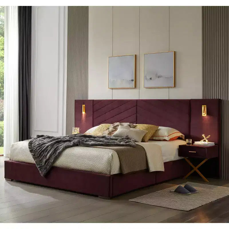 Modern Velvet Upholstered Bed Frame with Wingback Headboard, LED Lights, and 2 Floating Bedside Tables
