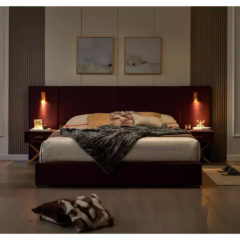 Modern Velvet Upholstered Bed Frame with Wingback Headboard, LED Lights, and 2 Floating Bedside Tables