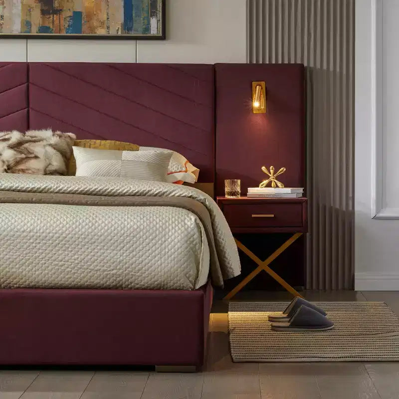 Modern Velvet Upholstered Bed Frame with Wingback Headboard, LED Lights, and 2 Floating Bedside Tables