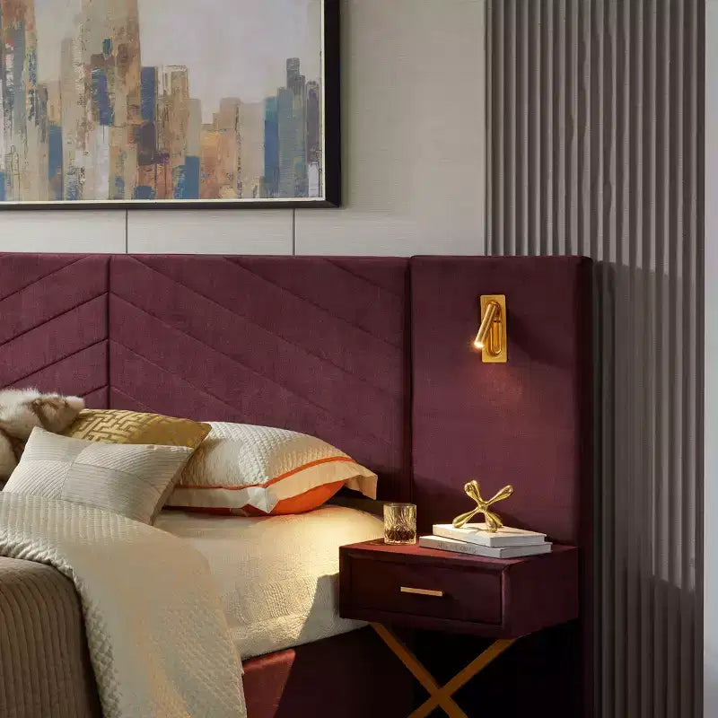 Modern Velvet Upholstered Bed Frame with Wingback Headboard, LED Lights, and 2 Floating Bedside Tables