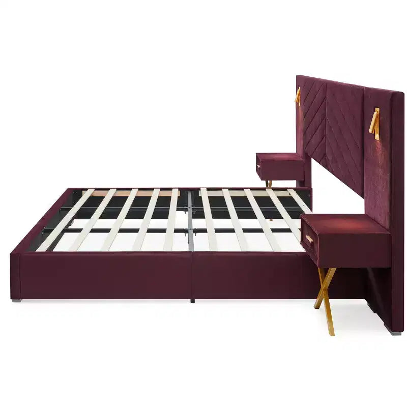 Modern Velvet Upholstered Bed Frame with Wingback Headboard, LED Lights, and 2 Floating Bedside Tables