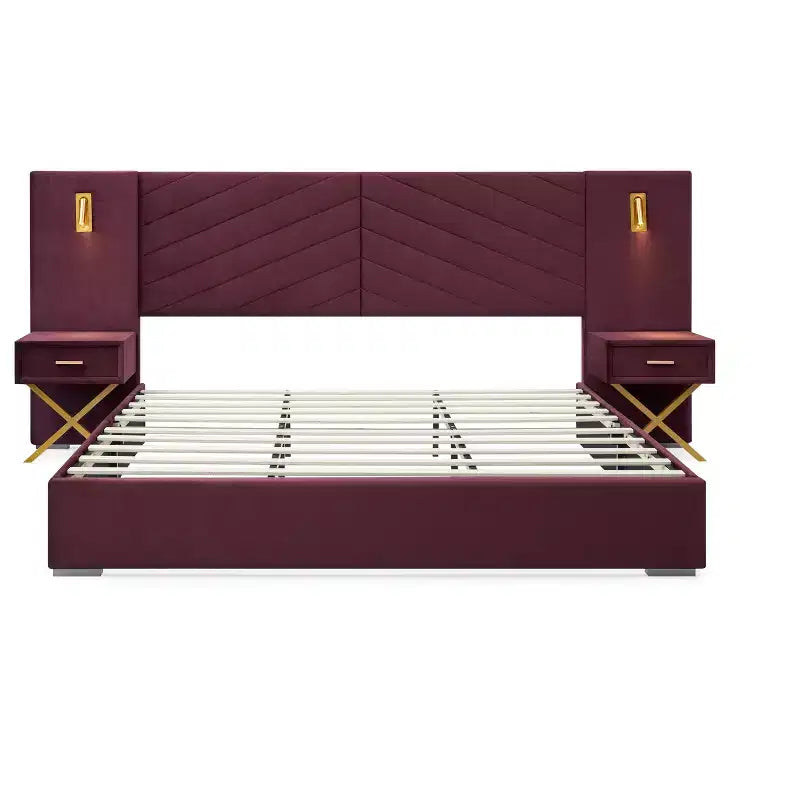 Modern Velvet Upholstered Bed Frame with Wingback Headboard, LED Lights, and 2 Floating Bedside Tables