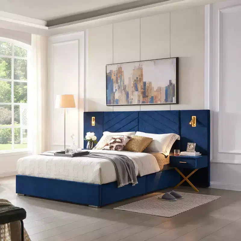 Modern Velvet Upholstered Bed Frame with Wingback Headboard, LED Lights, and 2 Floating Bedside Tables