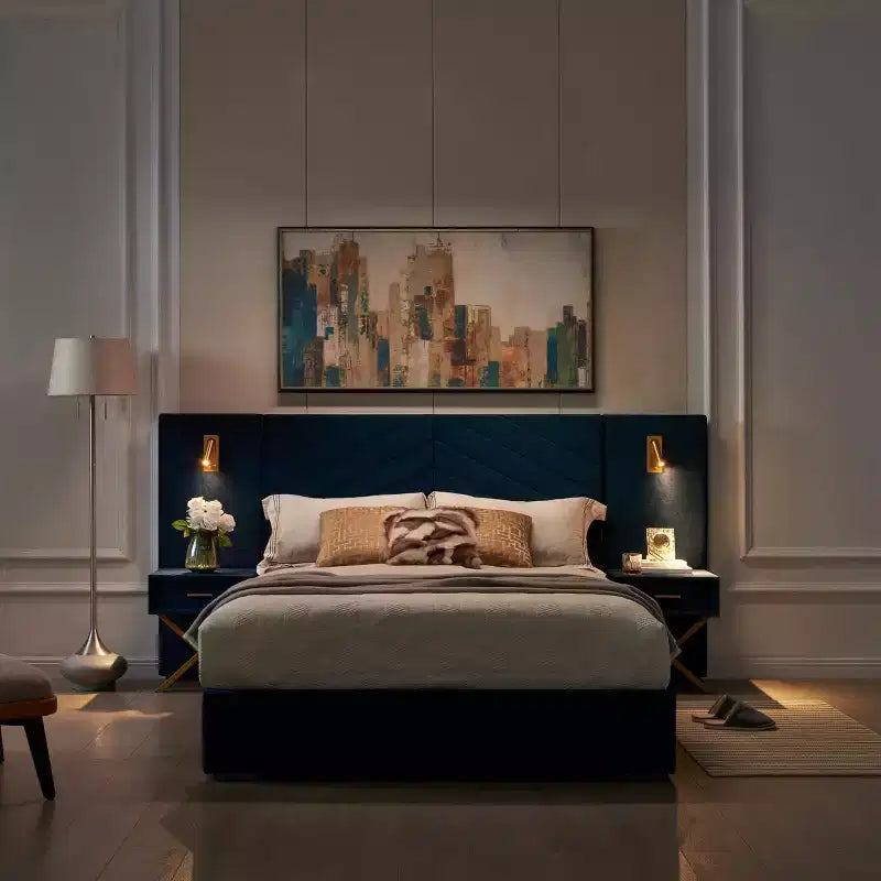 Modern Velvet Upholstered Bed Frame with Wingback Headboard, LED Lights, and 2 Floating Bedside Tables
