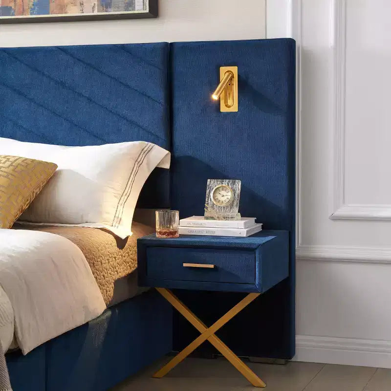 Modern Velvet Upholstered Bed Frame with Wingback Headboard, LED Lights, and 2 Floating Bedside Tables