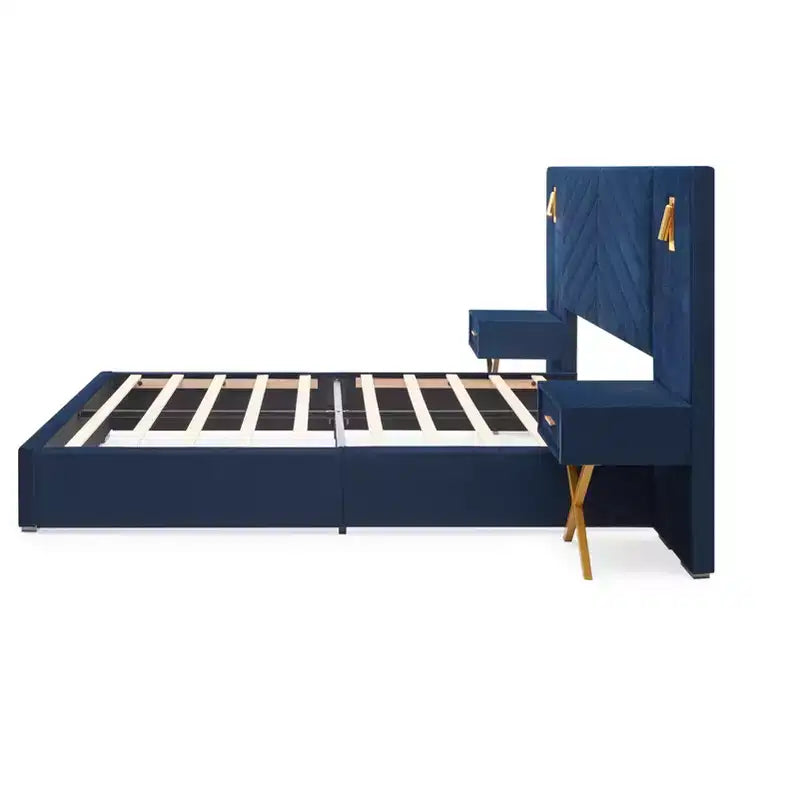Modern Velvet Upholstered Bed Frame with Wingback Headboard, LED Lights, and 2 Floating Bedside Tables