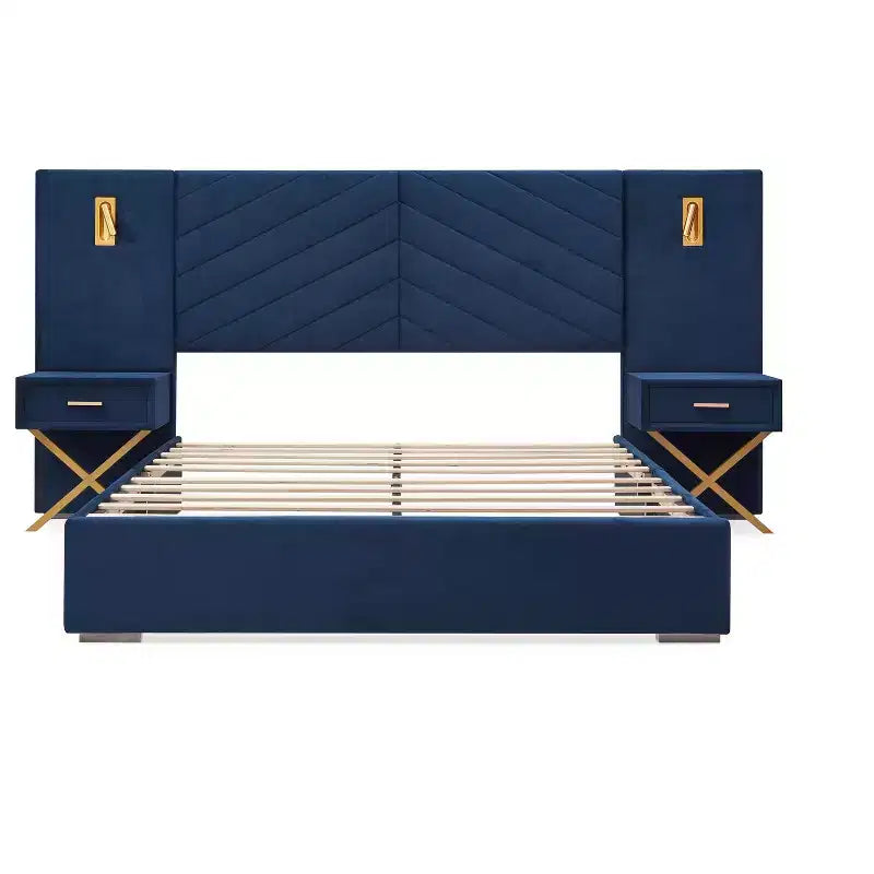 Modern Velvet Upholstered Bed Frame with Wingback Headboard, LED Lights, and 2 Floating Bedside Tables