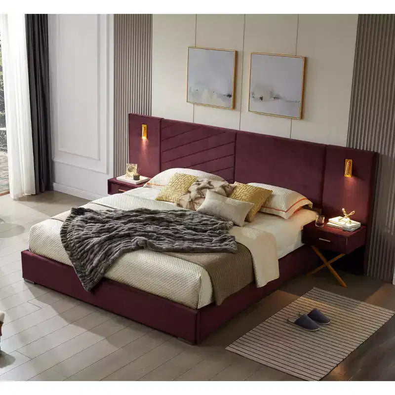 Modern Velvet Upholstered Bed Frame with Wingback Headboard, LED Lights, and 2 Floating Bedside Tables